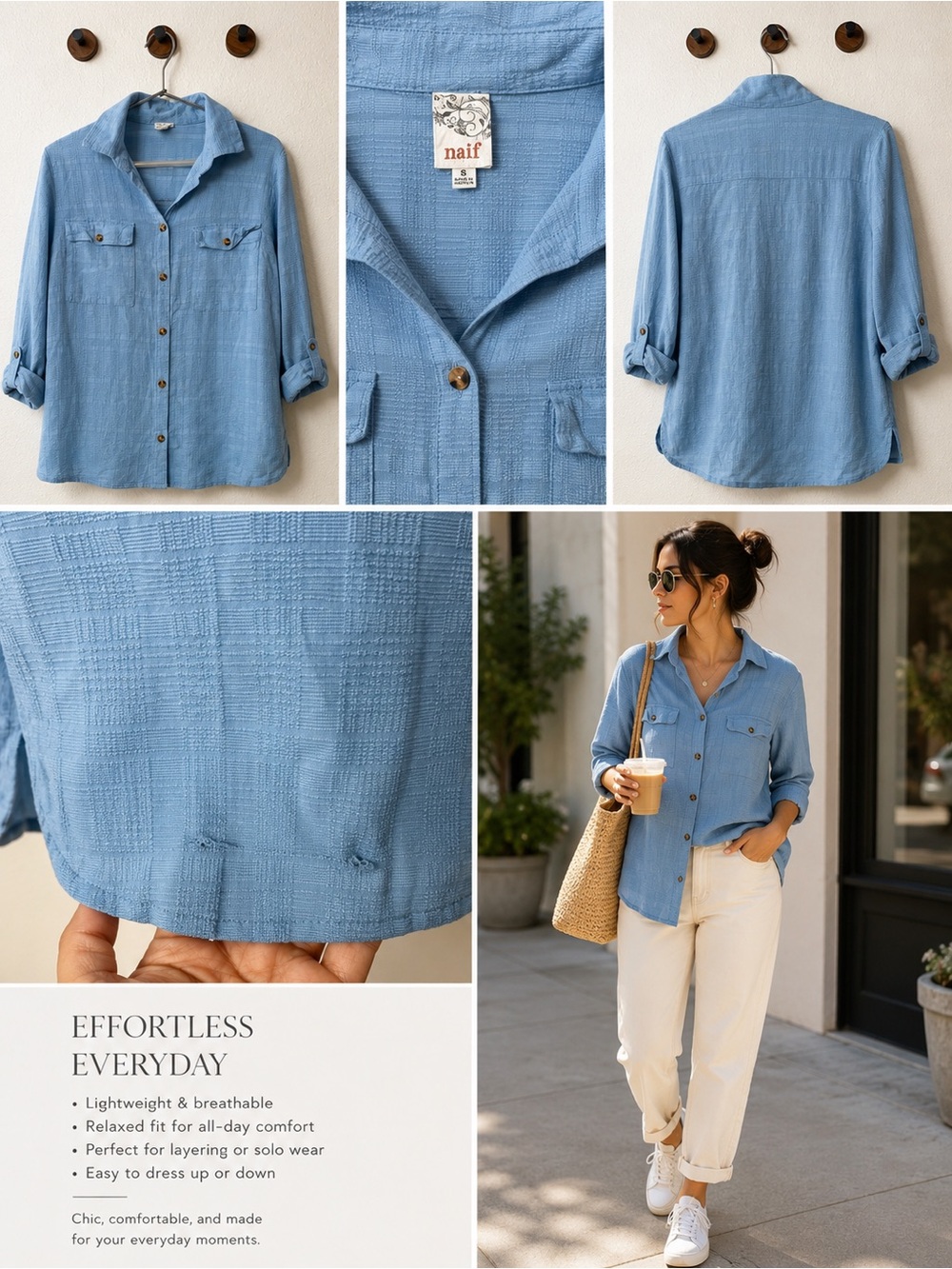 NAIF Light Blue Button-Down Shirt with Roll-Tab Sleeves